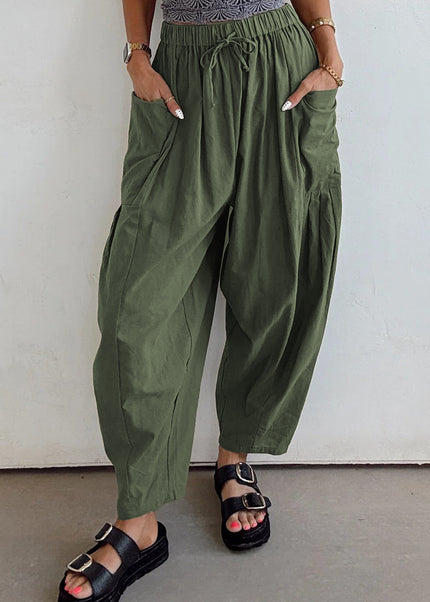 Black Drawstring Elastic Waist Patch Pocket Barrel Leg Casual Pants