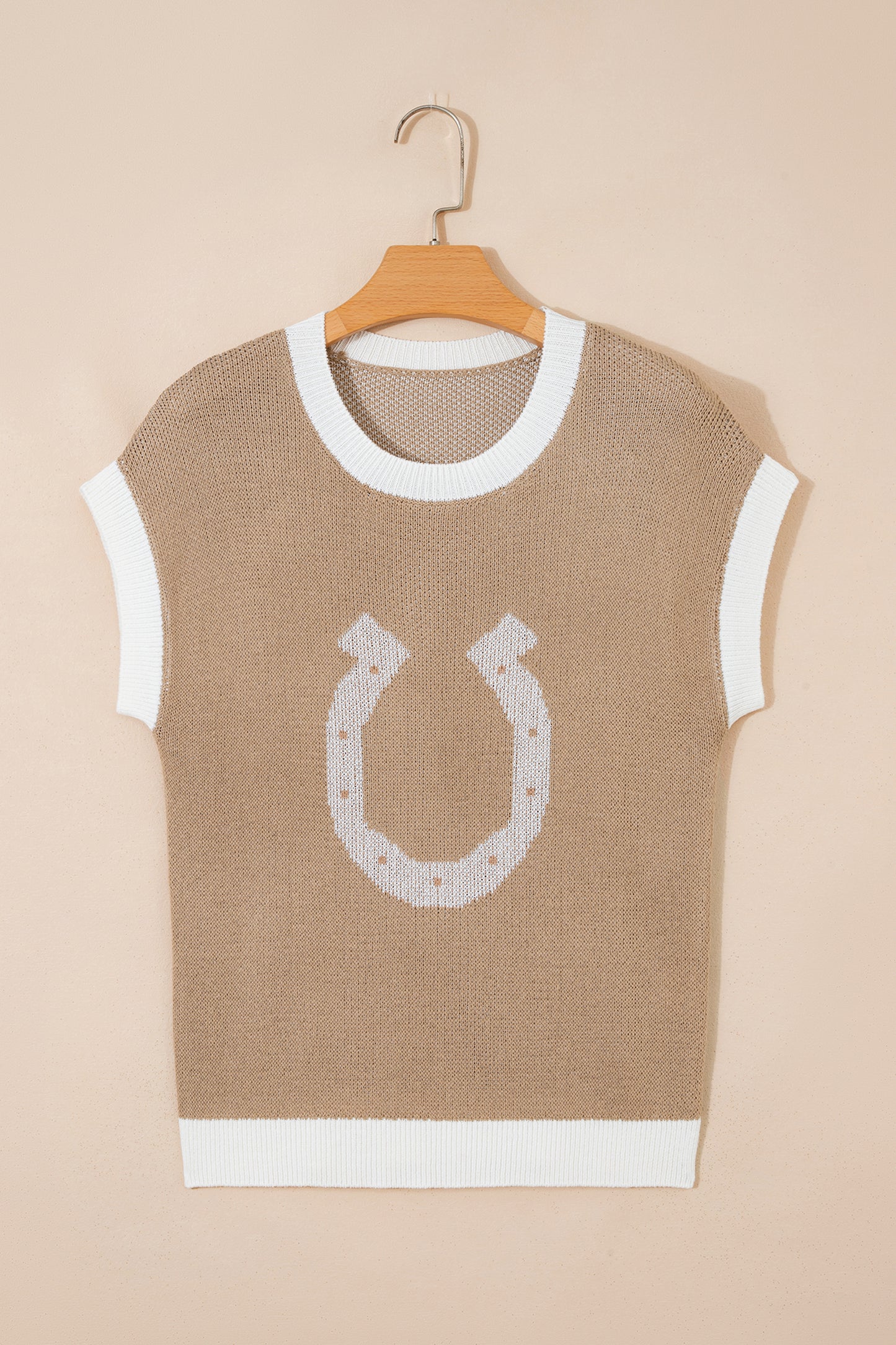 Goat Horse Shoe Pattern Contrast Trim Short Sleeve Sweater