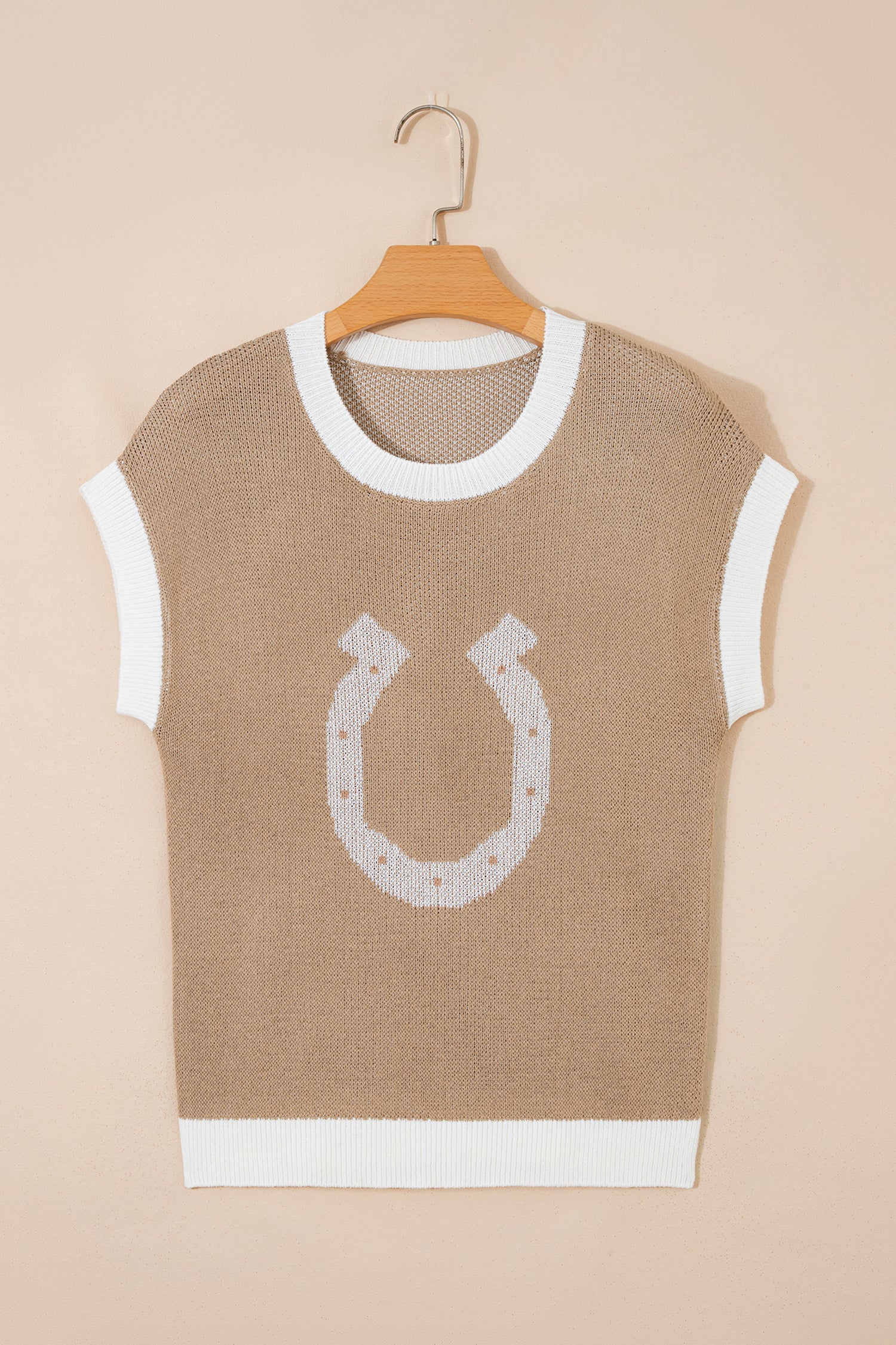 Goat Horse Shoe Pattern Contrast Trim Short Sleeve Sweater