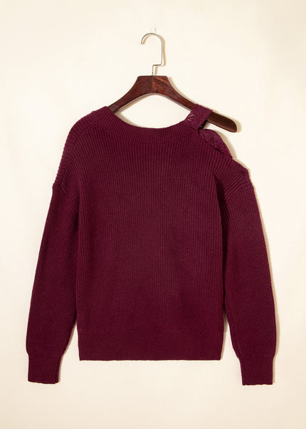 Burgundy Lace Bowknot Asymmetric Neck Sweater