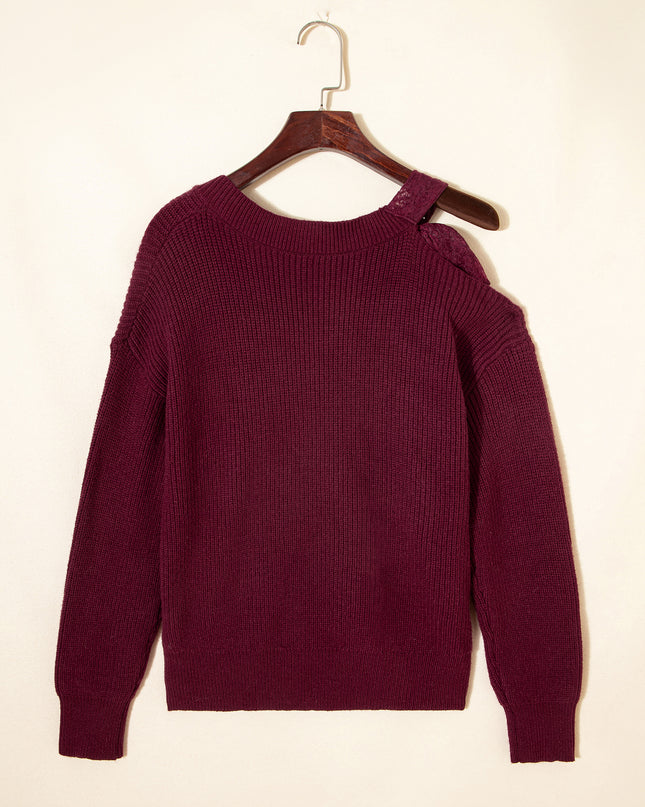 Burgundy Lace Bowknot Asymmetric Neck Sweater