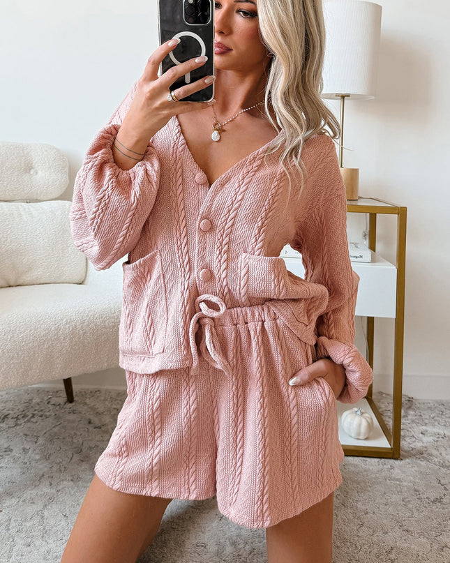Gossamer Pink Cable Knit V Neck Cardigan Shorts Set