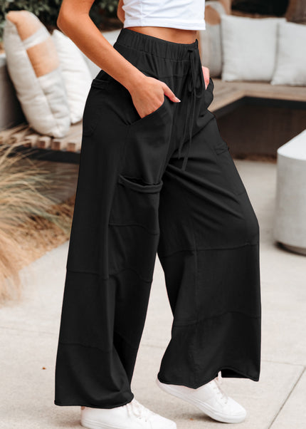 Bonbon Exposed Seam Drawstring Elastic Waistband Wide Leg Cargo Pants
