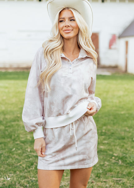 White Abstract Woodland Print Balloon Sleeve Pullover Drawstring Mini Skort Set