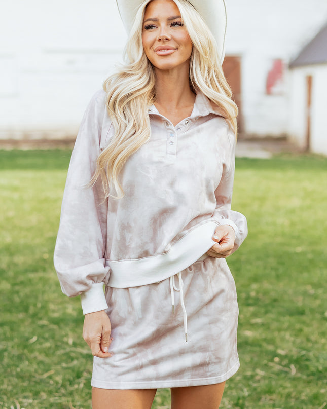 White Abstract Woodland Print Balloon Sleeve Pullover Drawstring Mini Skort Set