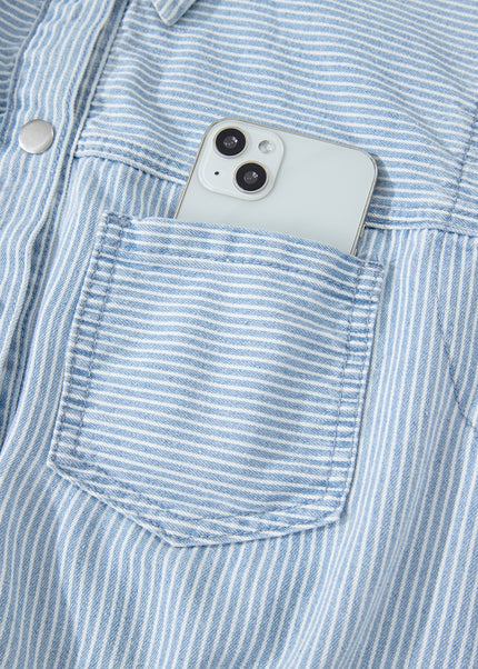 Sky Blue Stripe Collared Button Front Sleeveless Denim Mini Dress