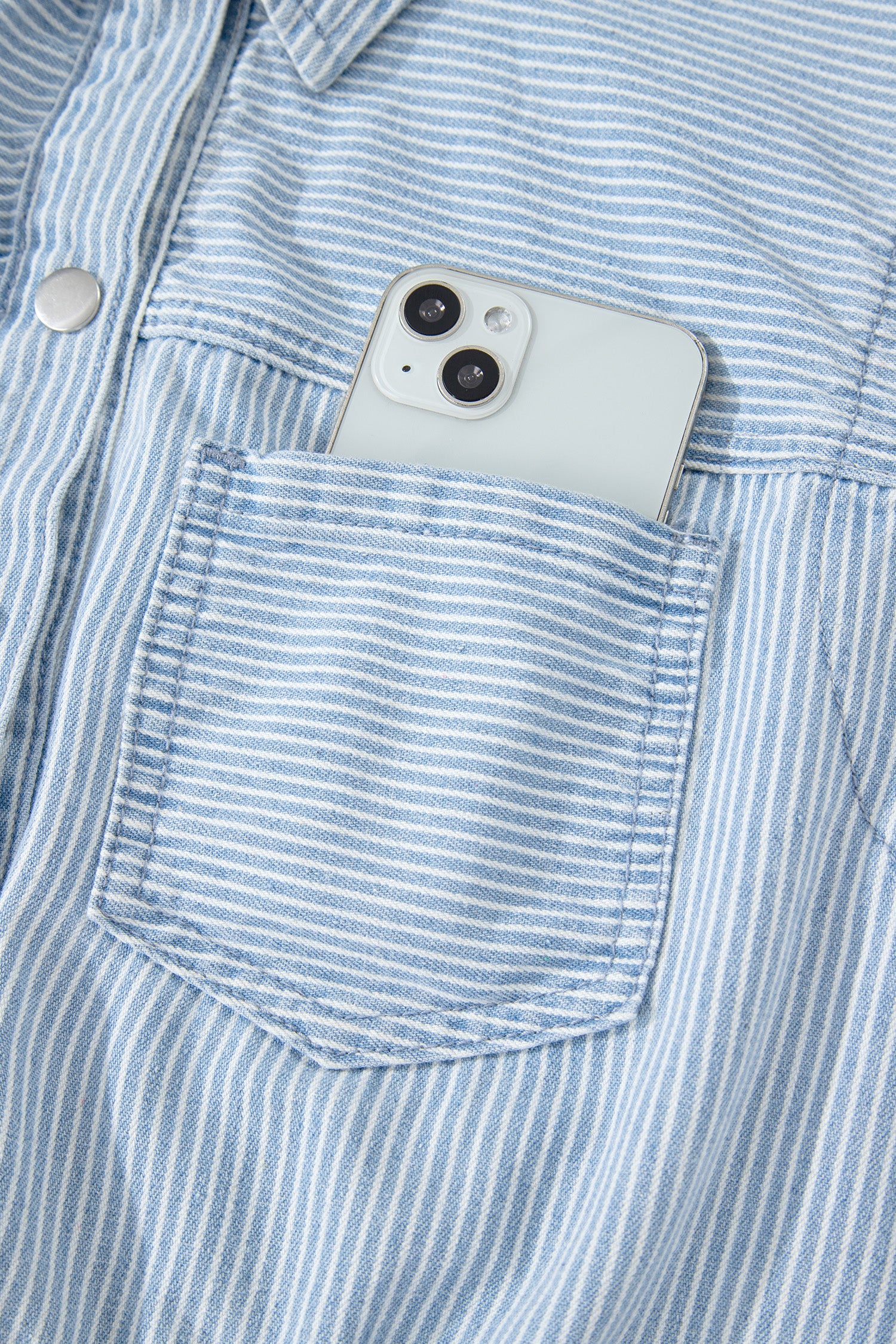 Sky Blue Stripe Collared Button Front Sleeveless Denim Mini Dress