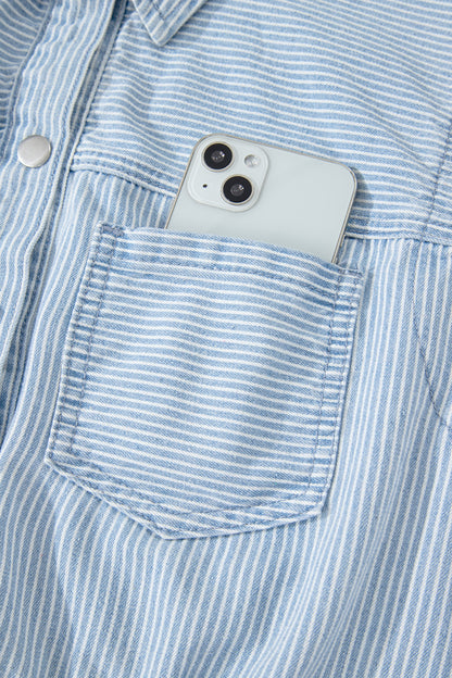 Sky Blue Stripe Collared Button Front Sleeveless Denim Mini Dress