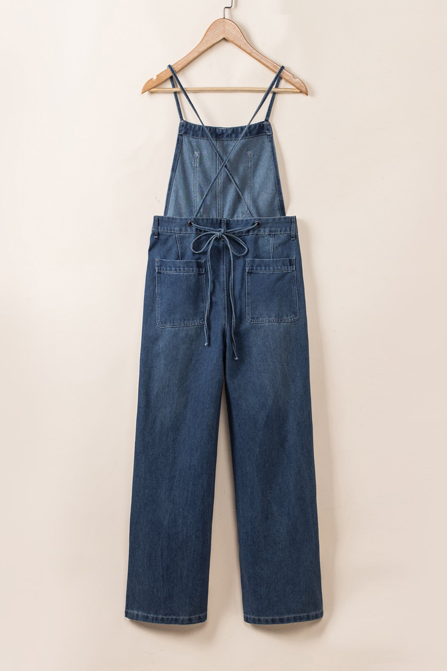Dark Blue Crossed Tie Straps Bib Pocket Loose Denim Overalls