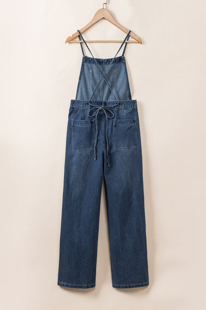 Dark Blue Crossed Tie Straps Bib Pocket Loose Denim Overalls