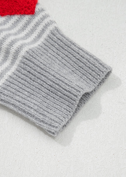 Gray Stripe Contrast Heart Pattern Valentine Knit Sweater
