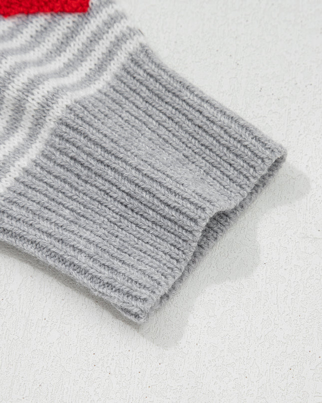 Gray Stripe Contrast Heart Pattern Valentine Knit Sweater