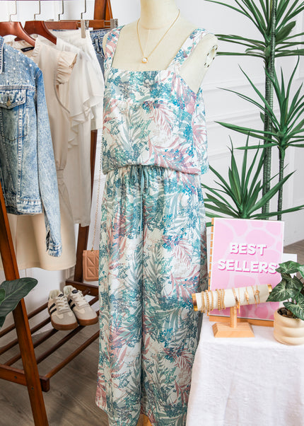 Green Tropical Palm Printed Cropped Tank Drawstring Wide Leg Pant Set