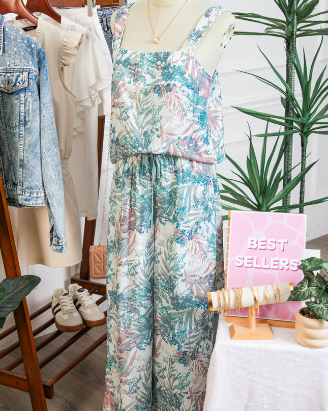 Green Tropical Palm Printed Cropped Tank Drawstring Wide Leg Pant Set
