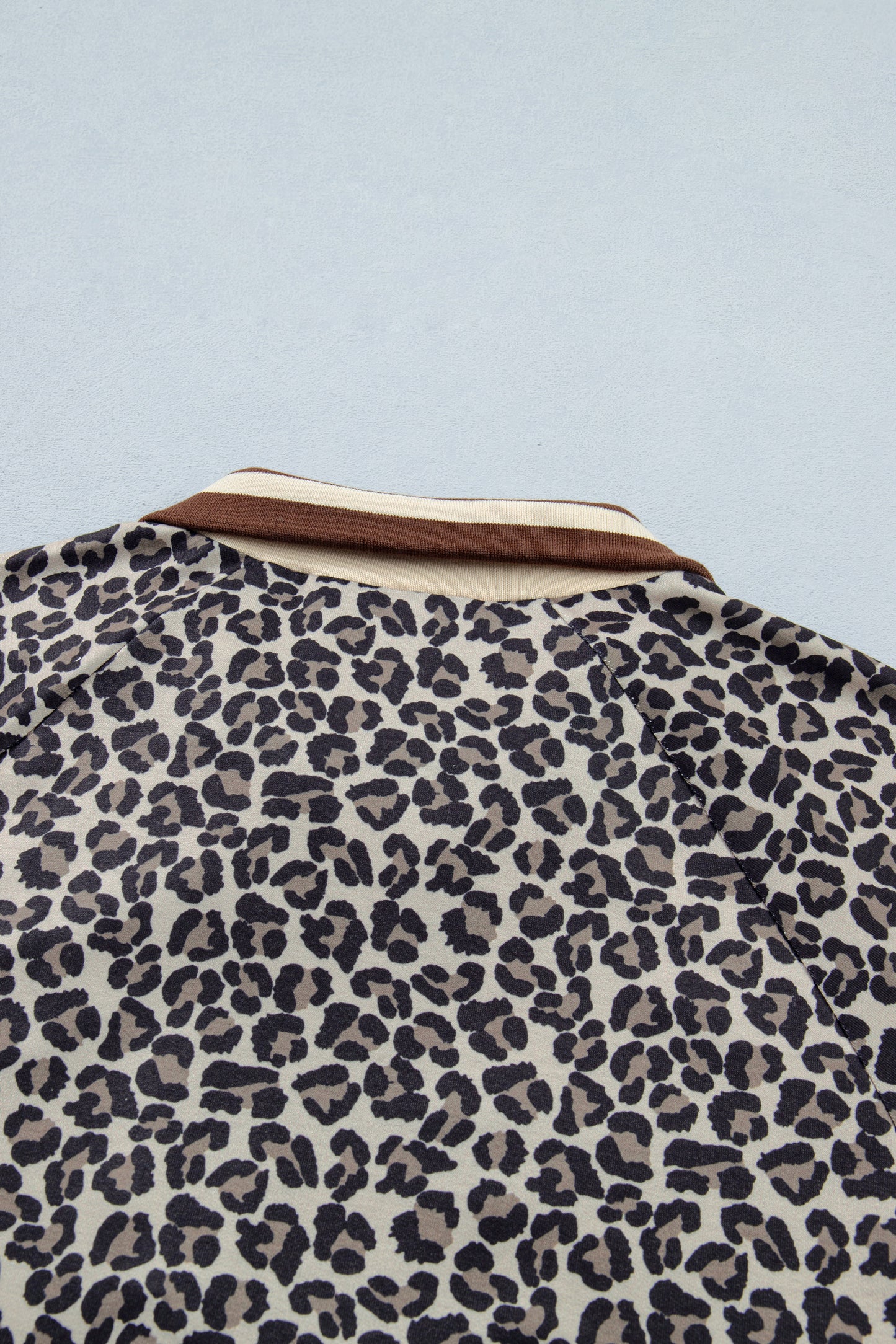 Khaki Leopard Print Half Zip Striped Trim Patchwork Short Sleeve Top