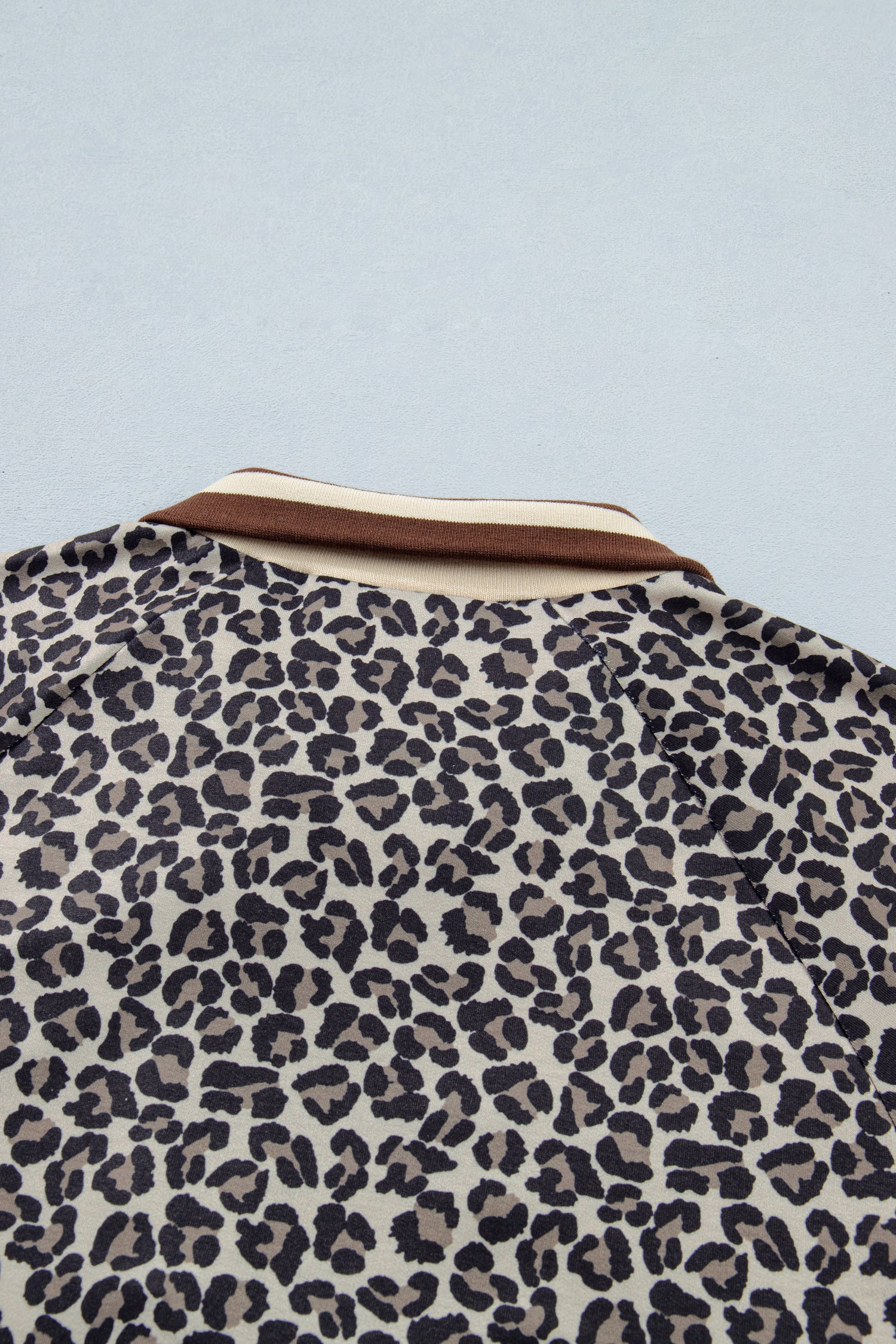 Khaki Leopard Print Half Zip Striped Trim Patchwork Short Sleeve Top