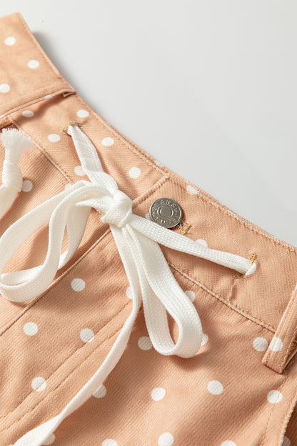 Khaki Polka Dot Print Drawstring Wide Leg Pants