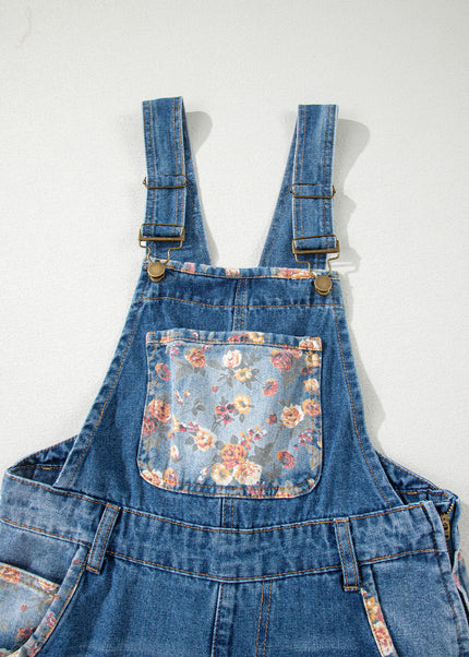 Peacock Blue Floral Patchwork Bib Denim Wide Leg Overalls