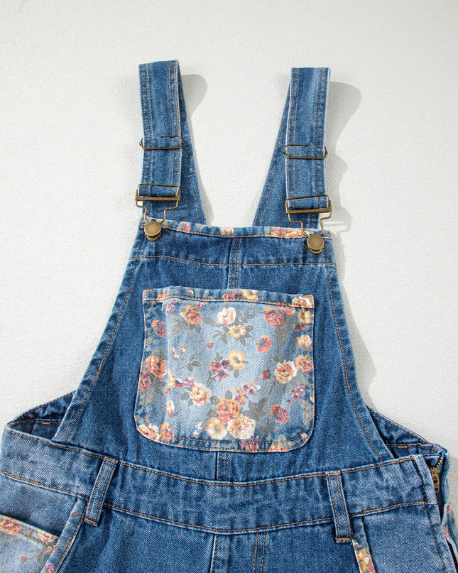 Peacock Blue Floral Patchwork Bib Denim Wide Leg Overalls