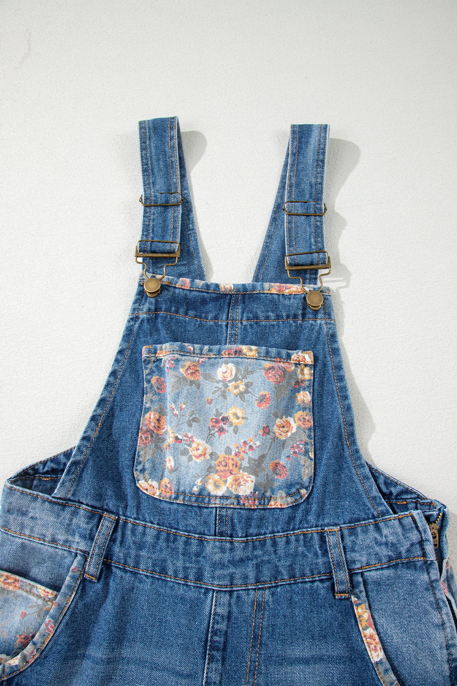 Peacock Blue Floral Patchwork Bib Denim Wide Leg Overalls
