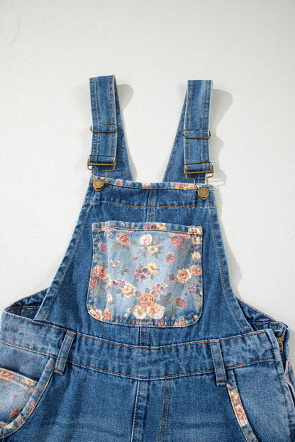 Peacock Blue Floral Patchwork Bib Denim Wide Leg Overalls