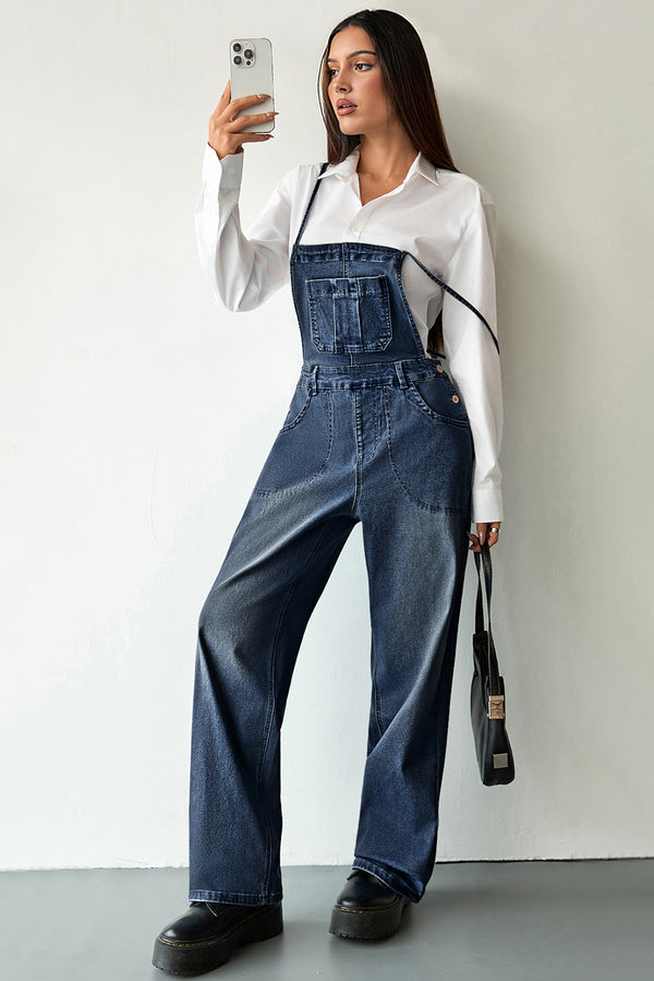 Dark Blue Crossed Tie Straps Bib Pocket Loose Denim Overalls