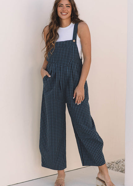 Sail Blue Plaid Print Buttoned Pocketed High Waist Overall