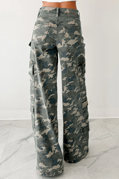 Green Camo Denim Cargo Wide Leg Pants