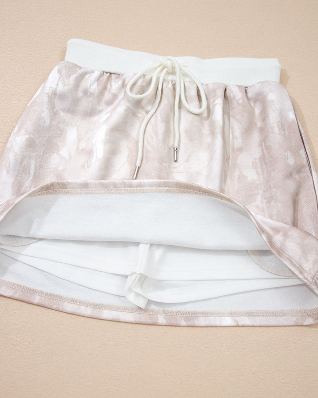 White Abstract Woodland Print Balloon Sleeve Pullover Drawstring Mini Skort Set