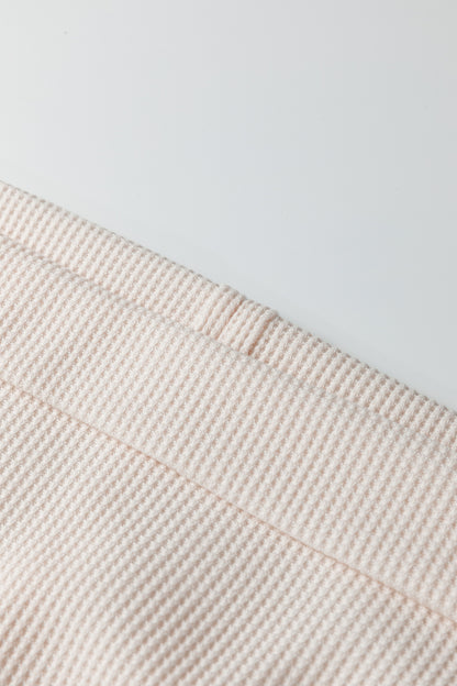Beige Solid Color Waffle Knit Asymmetric Neck Long Sleeve Top