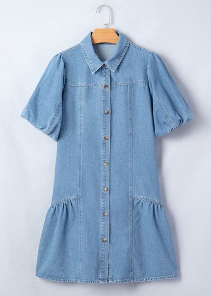 Beau Blue Button Down Short Puff Sleeve Ruffle Hem Patchwork Denim Dress