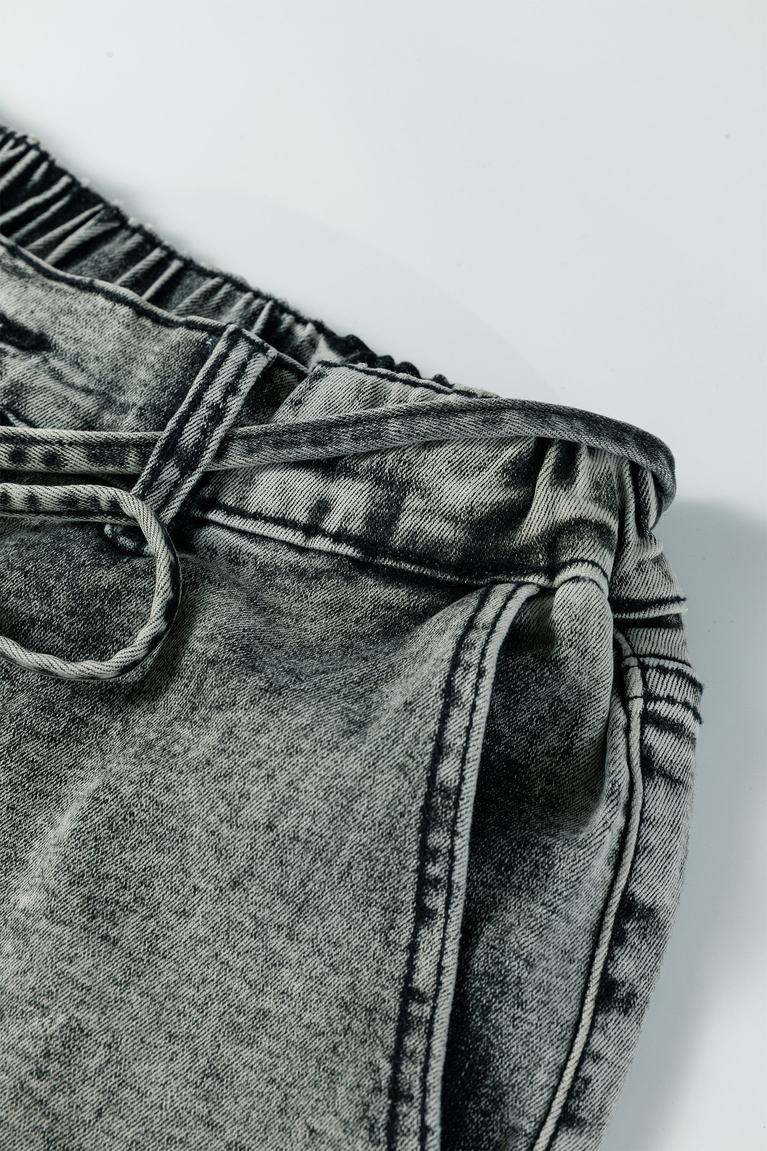 Smoke Gray Acid Wash Barrel Fit Denim Pants with Waist String