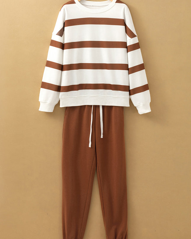 Brown Stripe Striped Drop Shoulder Pullover and Jogger Pants Set