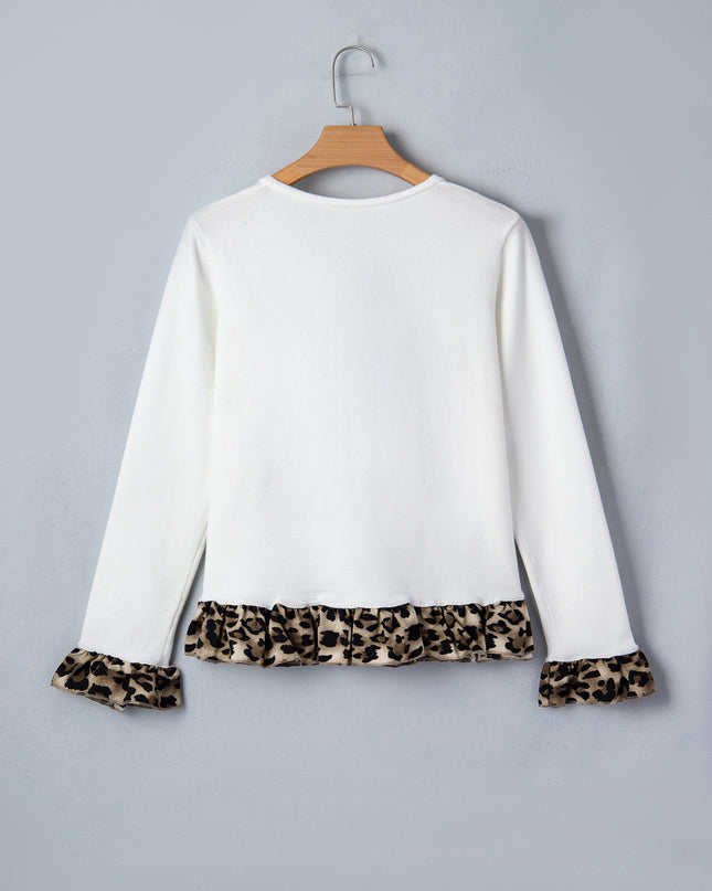 White Knitted Leopard Ruffle Patchwork Button Down Cropped Cardigan