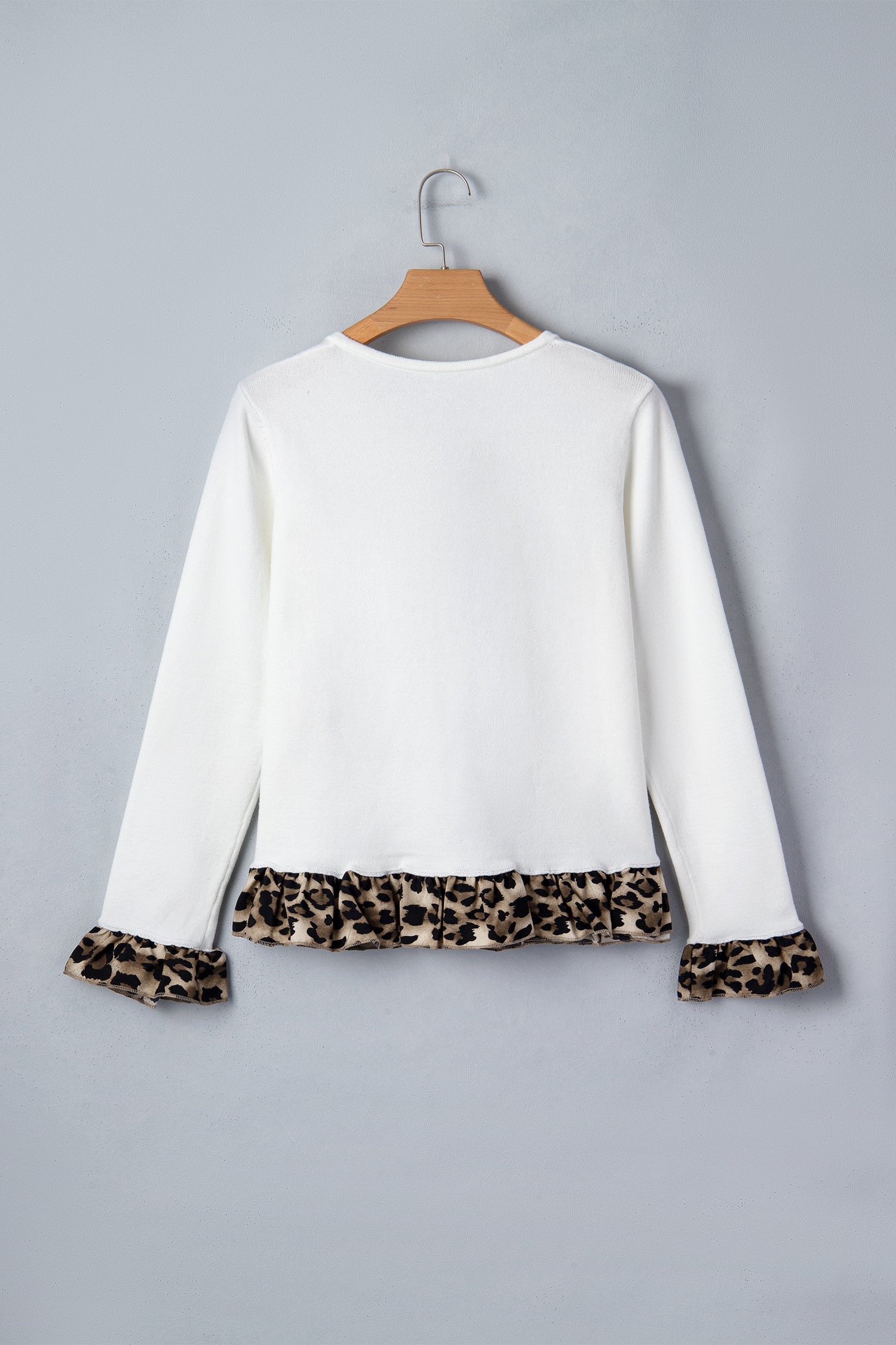 White Knitted Leopard Ruffle Patchwork Button Down Cropped Cardigan