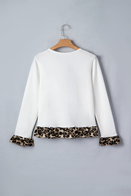 White Knitted Leopard Ruffle Patchwork Button Down Cropped Cardigan