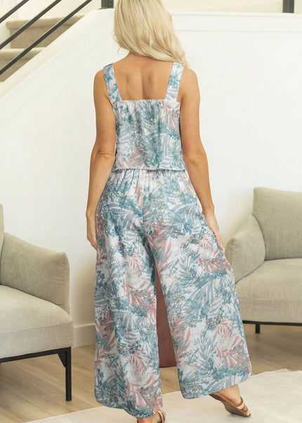 Green Tropical Palm Printed Cropped Tank Drawstring Wide Leg Pant Set
