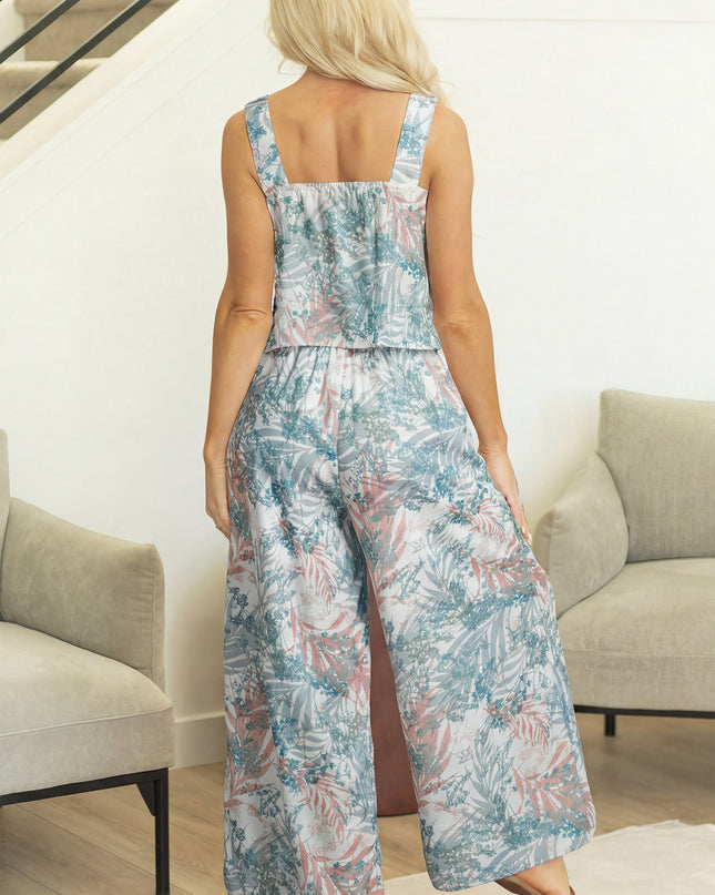 Green Tropical Palm Printed Cropped Tank Drawstring Wide Leg Pant Set
