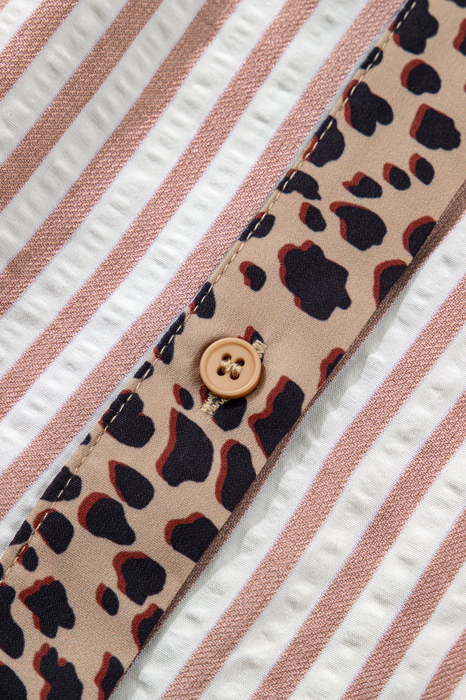 Sky Blue Stripe Leopard Trim V Neck Button Down Half Sleeve Shirt