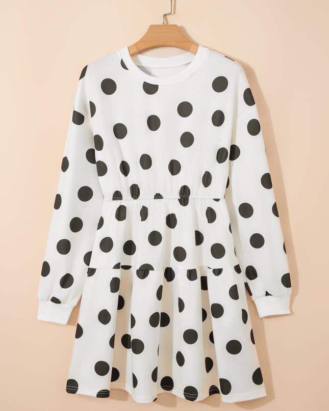 White Polka Dot Printed Long Sleeve Flared Mini Dress