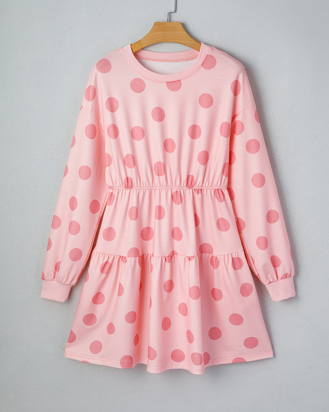 White Polka Dot Printed Long Sleeve Flared Mini Dress