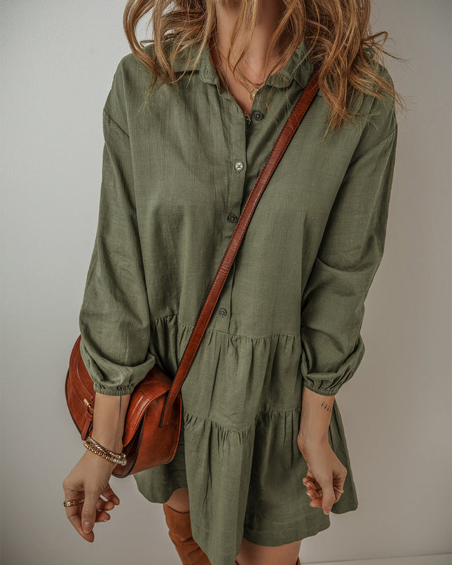 Tan Puff Sleeve Buttoned Tiered Pleated Shirt Mini Dress