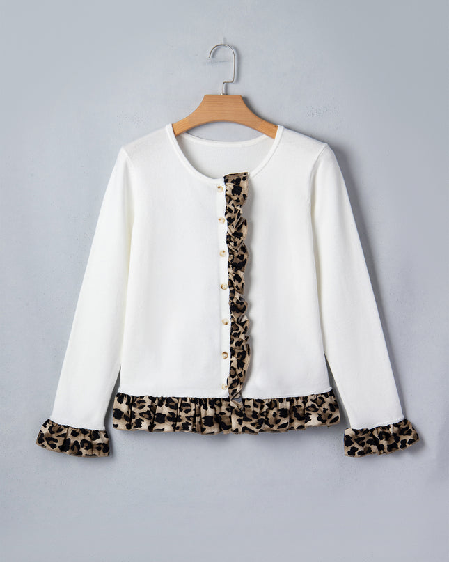 White Knitted Leopard Ruffle Patchwork Button Down Cropped Cardigan