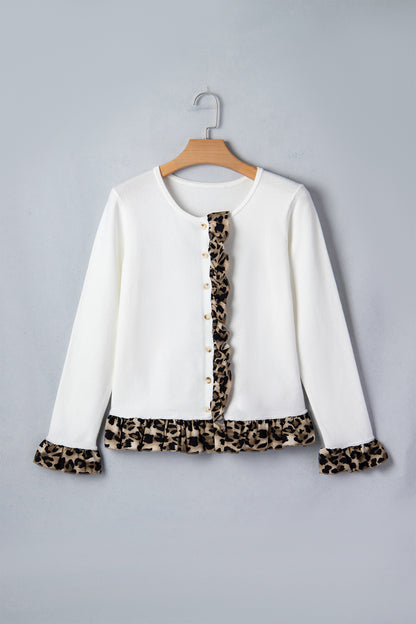 White Knitted Leopard Ruffle Patchwork Button Down Cropped Cardigan