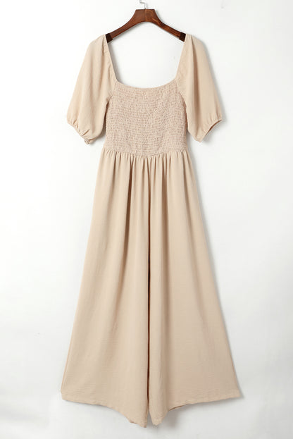 Apricot Short Bubble Sleeve Smocked Wide Leg Jumpsuit