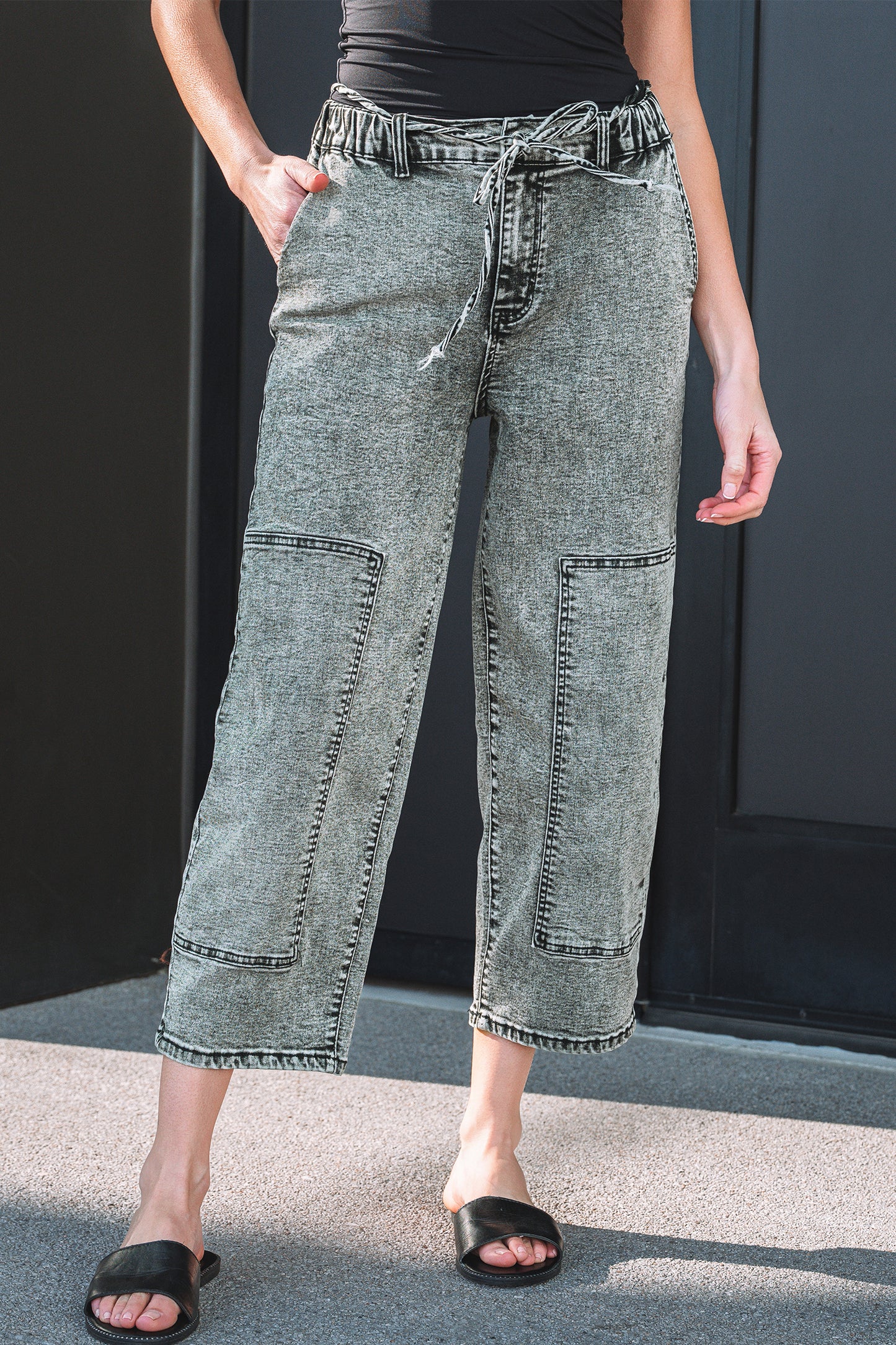 Smoke Gray Acid Wash Barrel Fit Denim Pants with Waist String