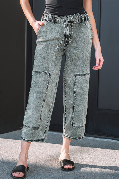 Smoke Gray Acid Wash Barrel Fit Denim Pants with Waist String