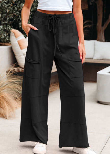 Bonbon Exposed Seam Drawstring Elastic Waistband Wide Leg Cargo Pants