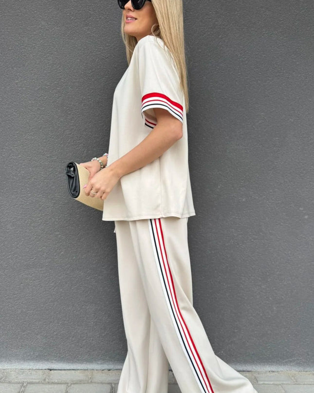 Jet Stream Contrast Striped Trim Crewneck T Shirt Loose Straight Pants Set