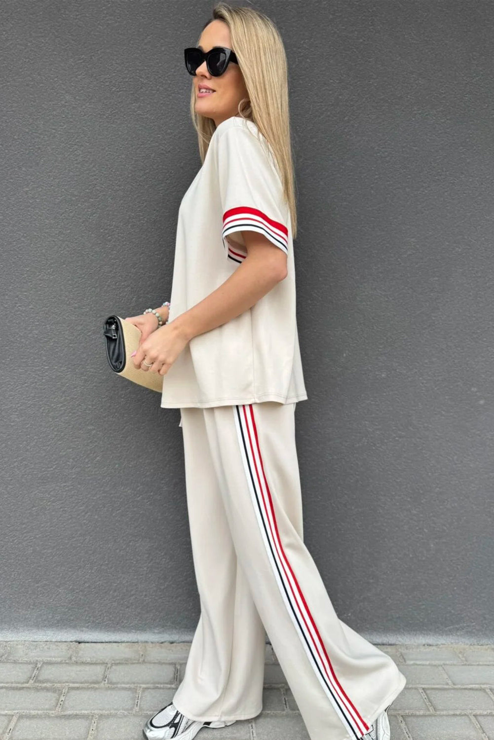 Jet Stream Contrast Striped Trim Crewneck T Shirt Loose Straight Pants Set